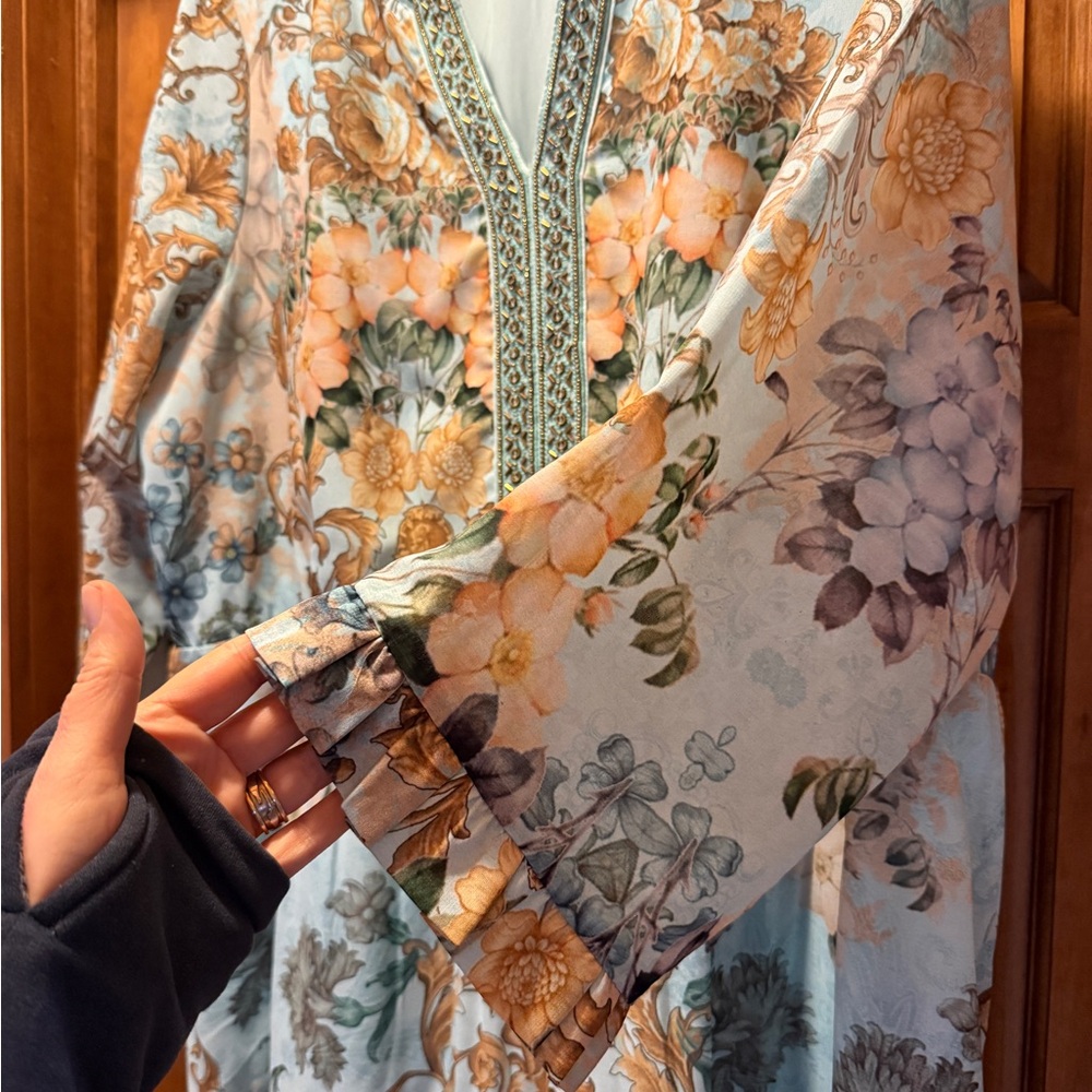 Soft Surroundings Light Blue Floral Maxi Dress with Gold Print - Picture 7 of 10